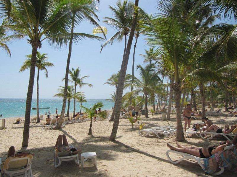 vista ao chegar à praia (as palmeiras dão um aspeto muito natural)